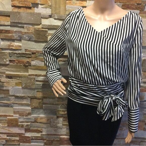 ALICE + OLIVIA Alba Crossover Striped Tie-Waist Silk Blouse - Picture 2 of 11